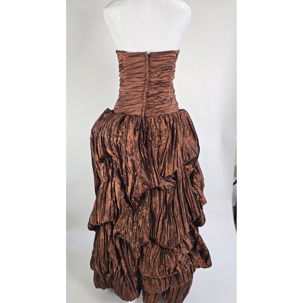 Vintage Bronze Metallic Strapless Tiered Ruffle Floral Formal Ballgown Gown - Picture 11 of 12